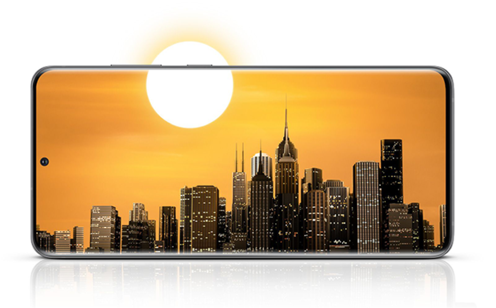 Samsung S20 5G screen horizontal display of city skyline with sun extending past screen