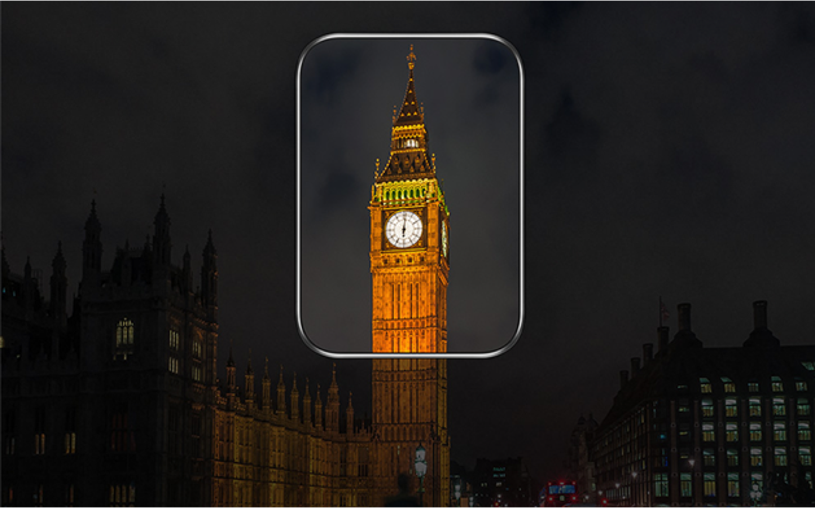 Samsung screen displaying Night view of Big Ben clock tower.